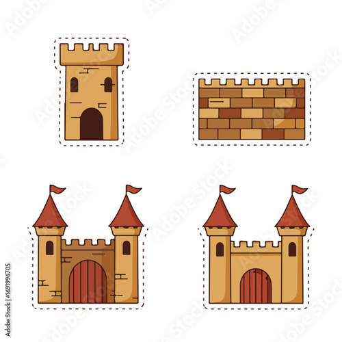 Cartoon stickers of stone structures, including castle walls and towers