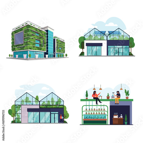 Sustainable urban architecture green buildings featuring vertical gardens and rooftop solar panels alongside modern eco-friendly business concepts