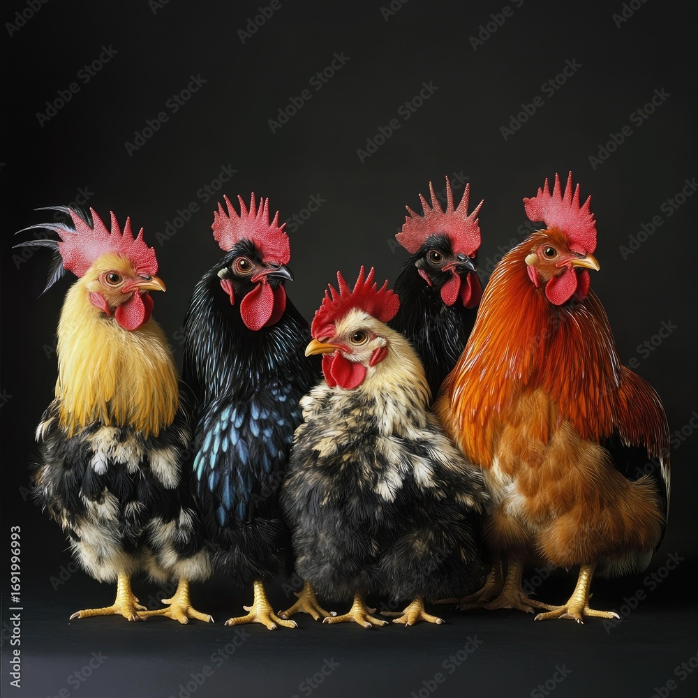 Fototapeta premium Six colorful chickens in a row against black background