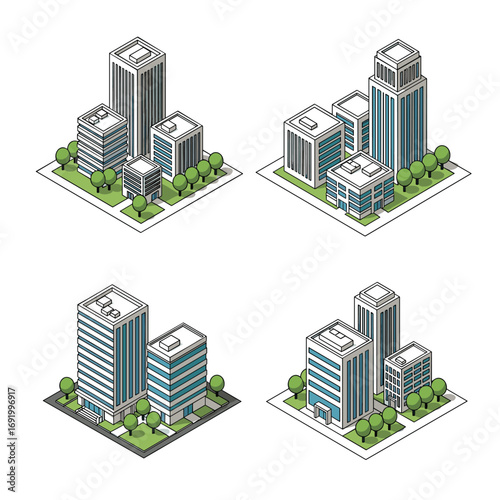 Isometric view of modern city blocks featuring tall buildings and lush green trees creating a vibrant urban landscape