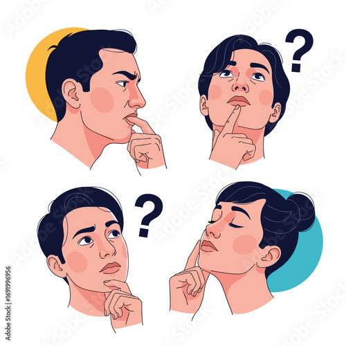 Four diverse individuals pondering deeply with thoughtful expressions and question marks above their heads