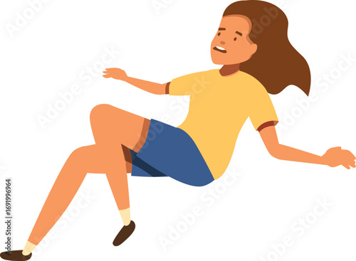 Scared young woman falling down with arms outstretched, concept of accident and danger