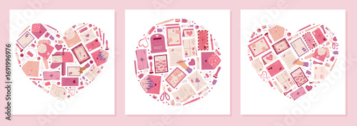 Heart mail concept in flat shape. Envelope, card, letter and message blend with love, postbox and gift. Graphic style combines romantic correspondence, stationery theme, perfect for valentine