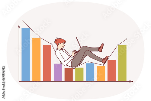 Business woman analyst lies on financial chart, analyzing value of stocks and government bonds. Girl financial analyst engaged in buying and selling profitable securities and trading on traders market