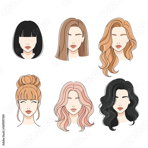 Diverse collection of six modern hairstyles for women showcasing variety of lengths colors and styles