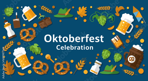 A vibrant flat design horizontal banner, perfect for promoting an Oktoberfest event, featuring festive text and traditional icons on a blue background.