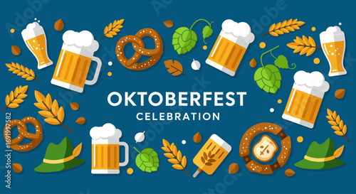 A vibrant flat design horizontal banner, perfect for promoting an Oktoberfest event, featuring festive text and traditional icons on a blue background.