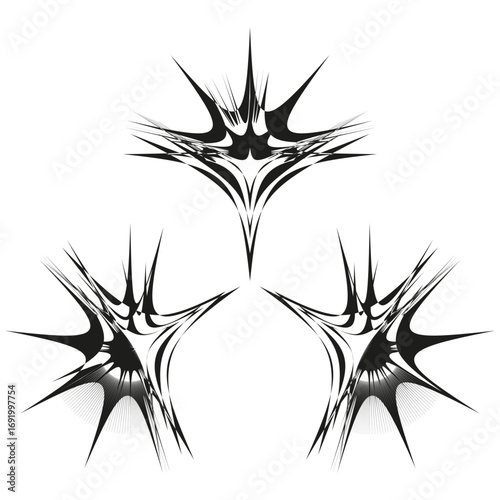 Abstract radial forms. Black spiky shapes. Dynamic vector graphics. Explosive starburst elements. EPS 10.