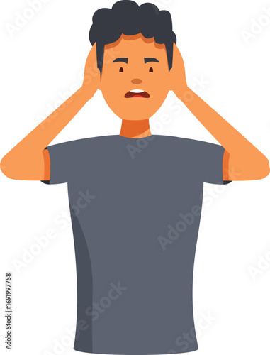 Stressed man covering ears with hands suffering from loud noise, tinnitus symptoms, unwanted sound, painful migraine, closing ears with palms, modern flat vector illustration