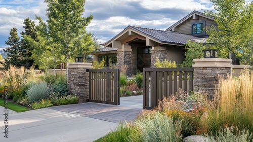 Compact front gate design with sliding panels, neutral colors, and durable materials