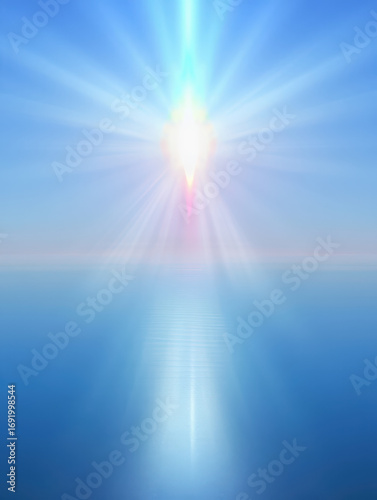 A radiant light source emitting bright rays over a serene blue gradient background with soft reflections