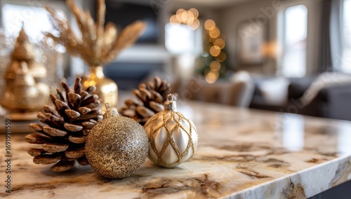Festive holiday decor on a kitchen counter.  Gold and beige ornaments, pinecones, and dried grasses are displayed on a light-tan marble countertop in a blurred modern kitchen.