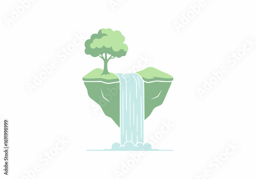 Minimalist vector of floating island with waterfall in two colors, white background