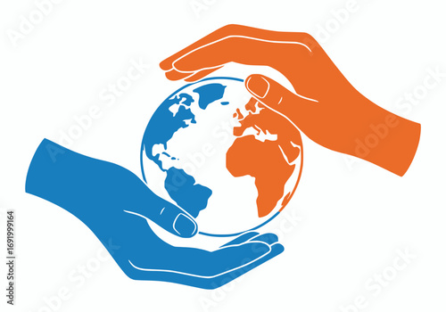Two color vector of abstract hands holding planet, white background