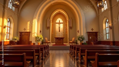 Sunlight streams through arched windows peaceful church interior with wooden pews, altar, cross, and religious decor, highlighting serene atmosphere