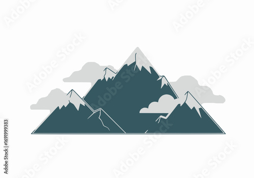 Minimalist vector of mountain with clouds in two colors, white background