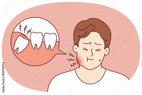 Tooth pain causes inflammation of cheek in suffering man who needs dental help or painkillers. Guy has problem with tooth pain due to poor hygiene and lack of daily use of toothpaste.