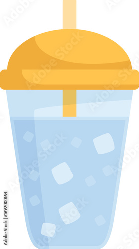 Refreshing blue beverage with ice cubes served in plastic cup with yellow lid and straw