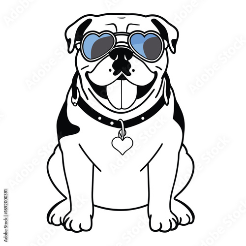 A charming black and white bulldog cartoon character with heart sunglasses and a collar, isolated on white background, exudes a classic and stylish vibe