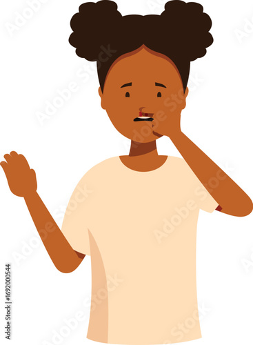 Worried girl having nosebleed touching her face, healthcare and medical concept