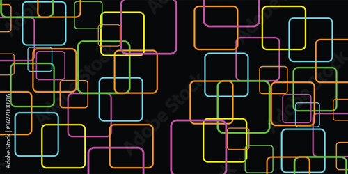 Colorful interconnected rounded squares arranged on a dark background creating a pattern.