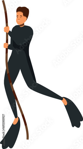Diver ascending rope using diving suit and fins