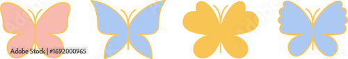 Four colorful stylized butterflies in a row with glowing edges on a vector