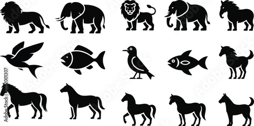 Silhouette Animal Set: A comprehensive silhouette set showcases a captivating assortment of animals, featuring iconic mammals, birds, and aquatic life, perfect for design projects.