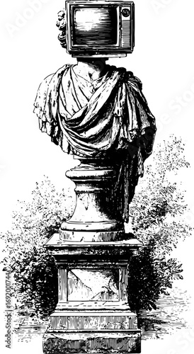 Classical statue bust with a television head in monochrome engraving style. Detailed vector illustration blending traditional and modern elements.
