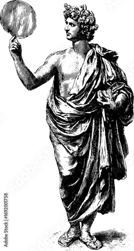 Ancient statue of a man in a robe holding a mirror. Classical sculpture with detailed grayscale engraving. Vintage vector illustration.