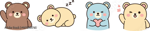 Cute cartoon bears waving and resting adorable kawaii style animals collection vector