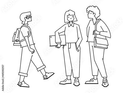 A set of people carrying school bags and a laptop. Vector illustration outline of students, studying, back to school concept isolated on a white background.