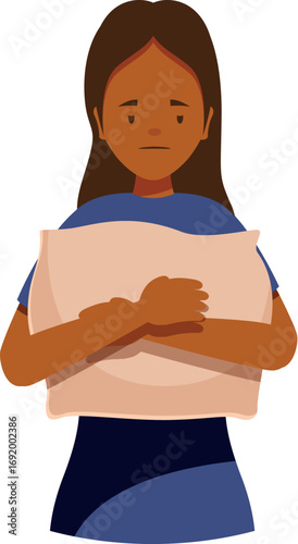 Sad, tired, sleepy young woman is hugging a pillow, suffering from insomnia and sleep deprivation