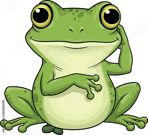 Cute green frog character pondering thoughtfully with fingertip to cheek vector
