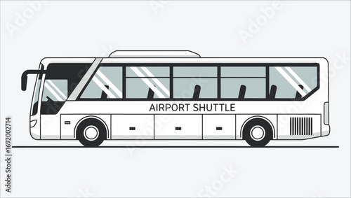 Side view of a white airport shuttle bus for passenger transportation. Vector illustration of a modern coach for travel and airport transfers