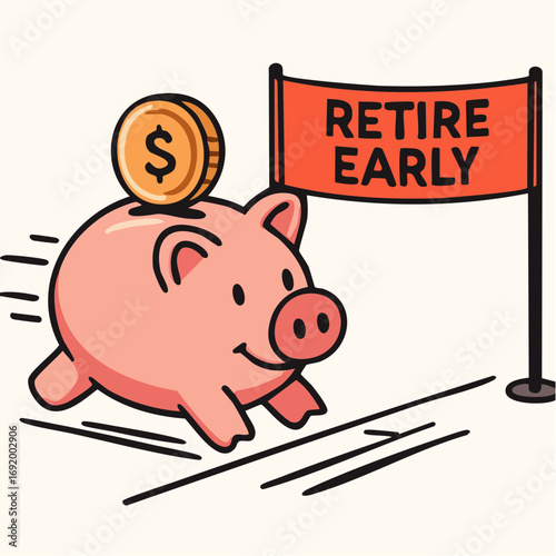 Piggy bank cartoon sprinting towards retirement early finish line goal