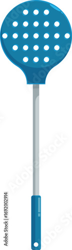 Kitchen skimmer with round perforated blue plastic head and long metal handle, ideal for lifting food out of hot liquids