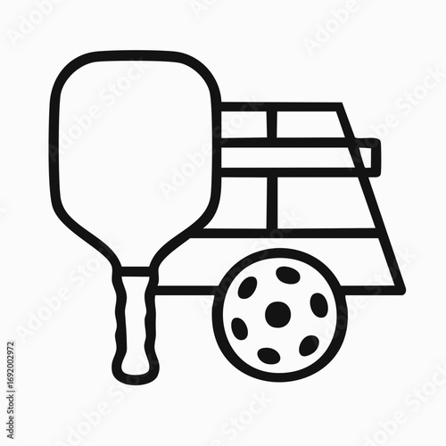 Outline shows pickleball paddle, perforated ball and court lines icon