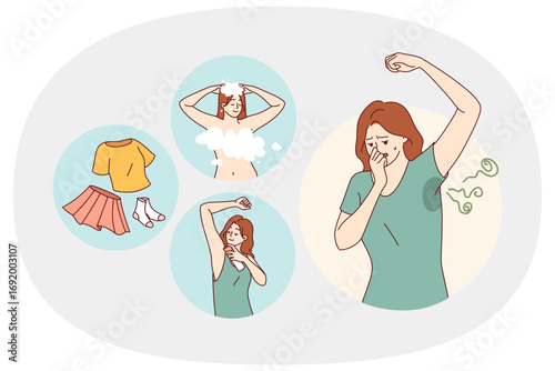 Woman fights smell sweat by using deodorant and putting on clean clothes after taking shower. Girl feels stench and smell of sweat due to violation of hygiene rules and lack of air conditioning system