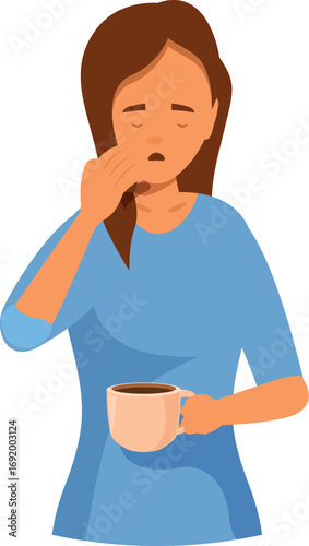 Tired woman yawning and covering her mouth with hand while holding a coffee cup, early morning drowsiness concept