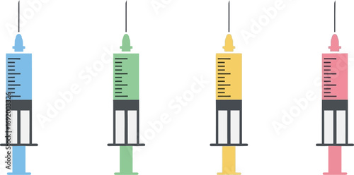 Four colorful syringes filled with liquid presenting medical and health concepts vector