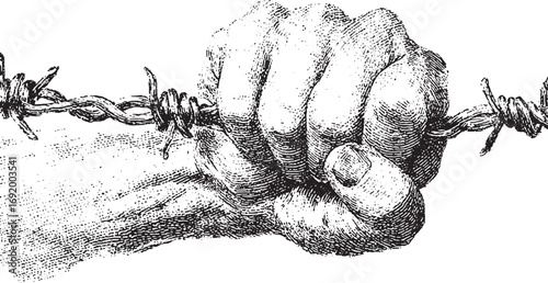 Hand gripping barbed wire in black and white sketch style. Vintage vector illustration with strong, detailed lines.