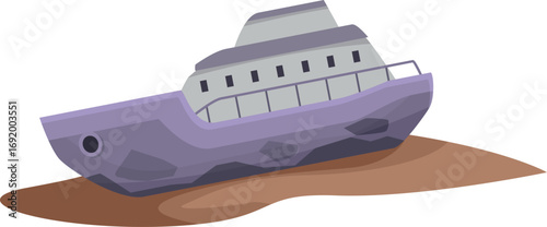 Beached shipwreck lying on the shore, representing maritime disaster, navigation hazard, or environmental pollution