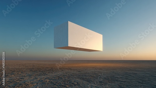 A large, white rectangular prism hovers over a vast, sandy expanse under a pale sky at dawn or dusk