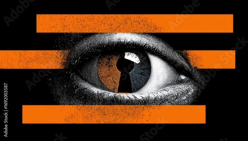 A stylized eye, half-black and white, with an orange keyhole within its pupil.  Horizontal orange stripes span the image, creating a sense of tension and constraint