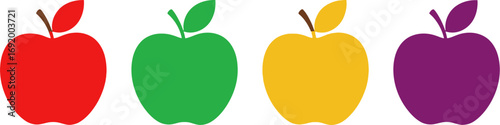 Four colorful stylized apples in a row red green yellow purple fruit art vector