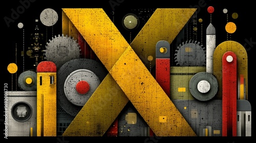 Mechanical Abstract Art Featuring Letter X, Industrial Geometric Composition