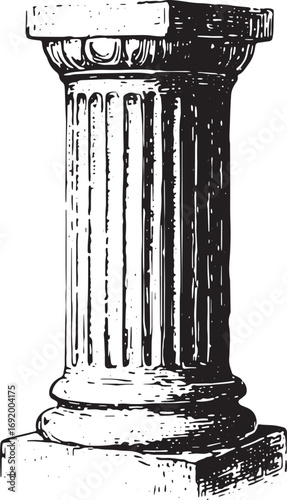 Column with fluted design, decorative capital, and base. Classic architecture vector illustration in black and white sketch style.