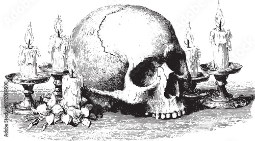 Skull with candles, wax, and flowers in vintage engraving style. Black and white realistic vector illustration set with metal holders.