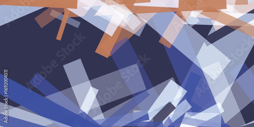 Abstract geometric background with transparent overlapping rectangular shapes in brown, blue, orange and white. Modern digital art with a dynamic and fragmented design, ideal for contemporary projects
